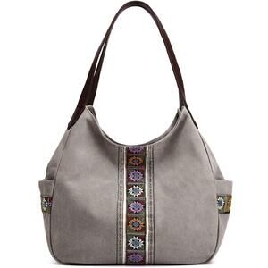 Worldlyda Women Canvas Hobo Purse Multi Pocket Tote Shopper Shoulder Bag Casual